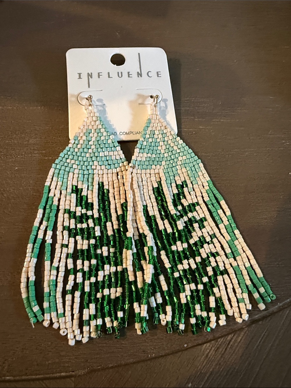 Green & Cream Beaded Fringe Drop Earrings